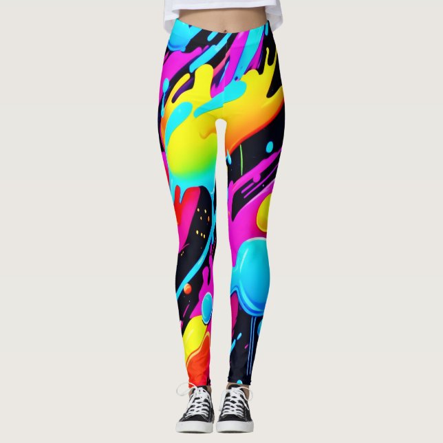 Bright Neon Splashes in Abstract Artwork Leggings (Front)
