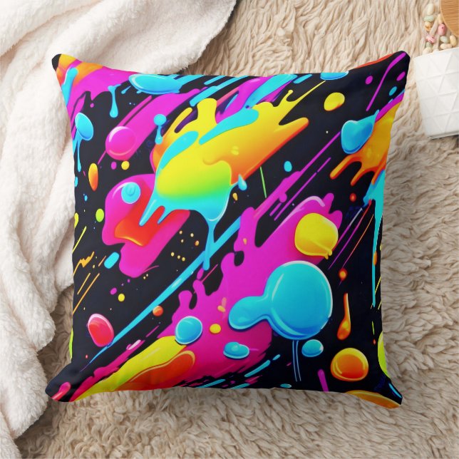 Bright Neon Splashes in Abstract Artwork Throw Pillow (Blanket)