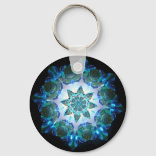 Bright Neon Starburst Kaleidoscope in Blue Keychain