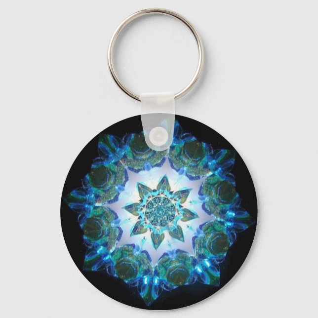 Bright Neon Starburst Kaleidoscope in Blue Keychain (Front)