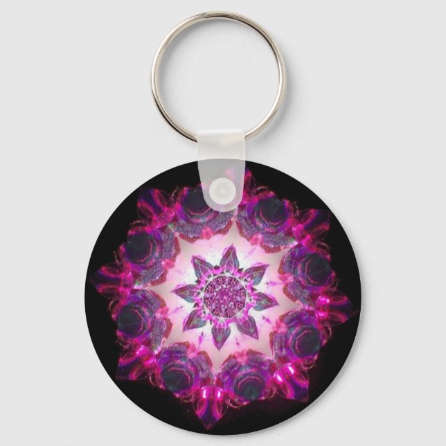 Bright Neon Starburst Kaleidoscope in Pink/Purple Keychain (Front)