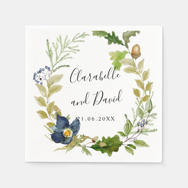 Bright Oak and blue flowers wedding personalized Napkin (Front)