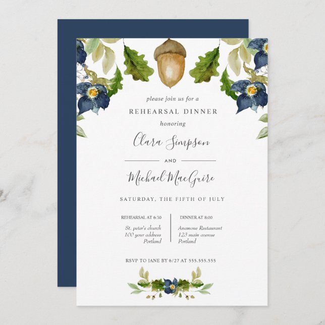 Bright Oak  blue flowers wedding  Rehearsal Dinner Invitation (Front/Back)