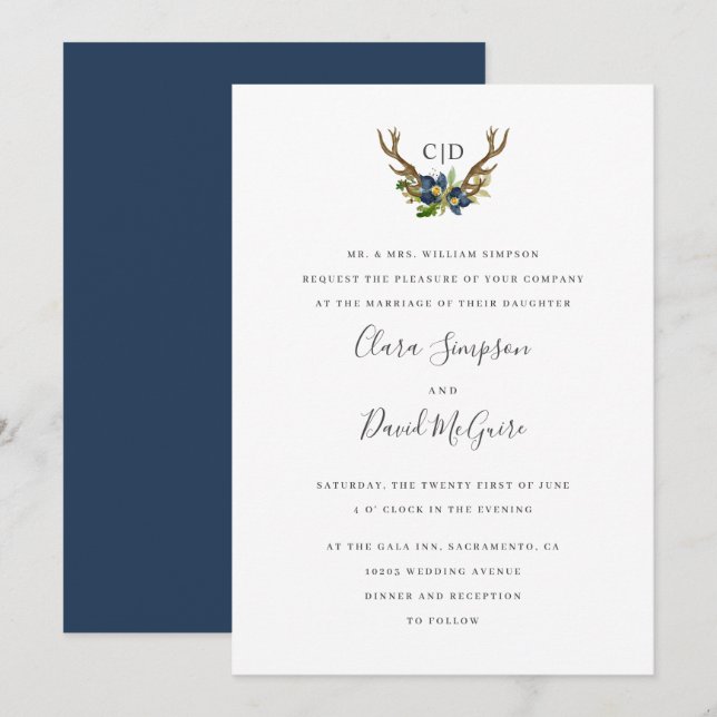 Bright Oak  monogram Acorn and Antlers wedding Invitation (Front/Back)
