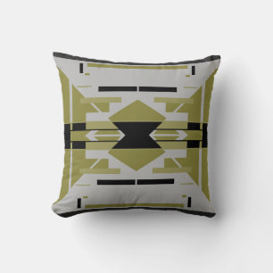 Bright Olive Black Grey Abstract Symmetrical Motif Throw Pillow