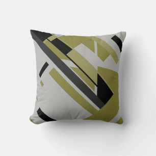 Bright Olive Black Grey Geometric Diagonal Motif Throw Pillow