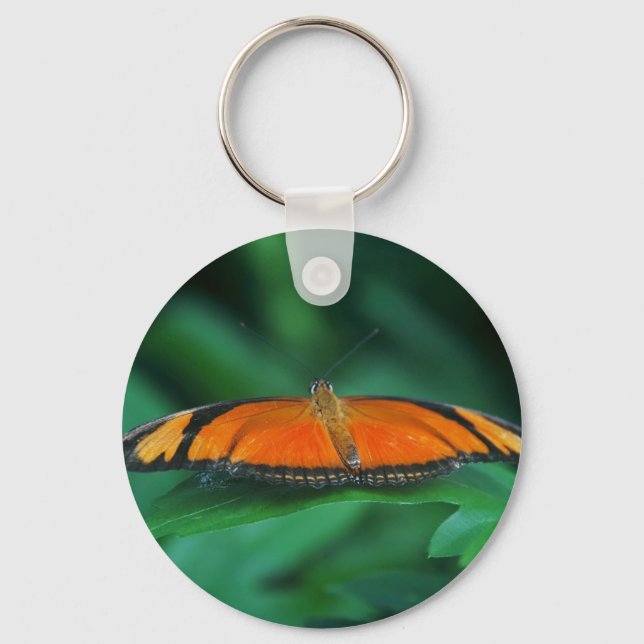 Bright Orange and Black Butterfly on Leaf Keychain (Front)