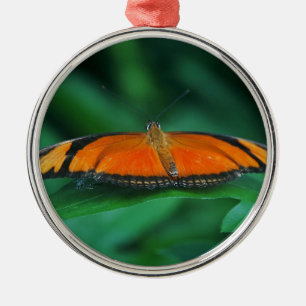 Bright Orange and Black Butterfly on Leaf Metal Ornament