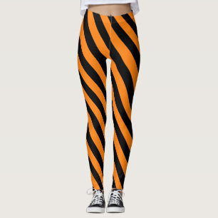 Bright Orange and Black Halloween Striped Pattern Leggings