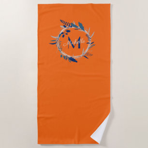 Bright Orange and Blue Wreath Name with Monogram Beach Towel
