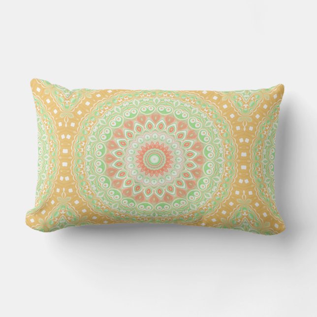 Bright Orange and Green Summer Kaleidoscope Lumbar Pillow (Front)
