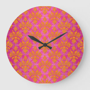 Bright Orange and Pink Floral Damask Large Clock