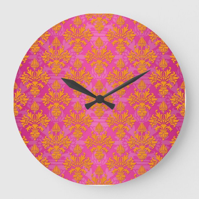 Bright Orange and Pink Floral Damask Large Clock (Front)
