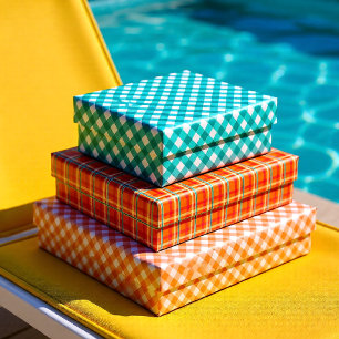 Bright Orange and Teal Picnic Plaid Classic Summer Wrapping Paper Sheet