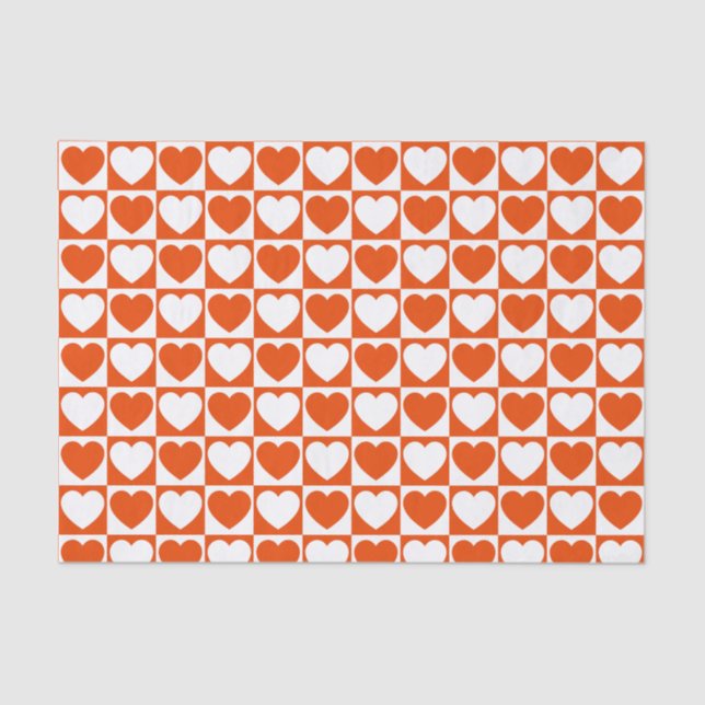 Bright Orange and White Chequered With Hearts Tissue Paper (Front)