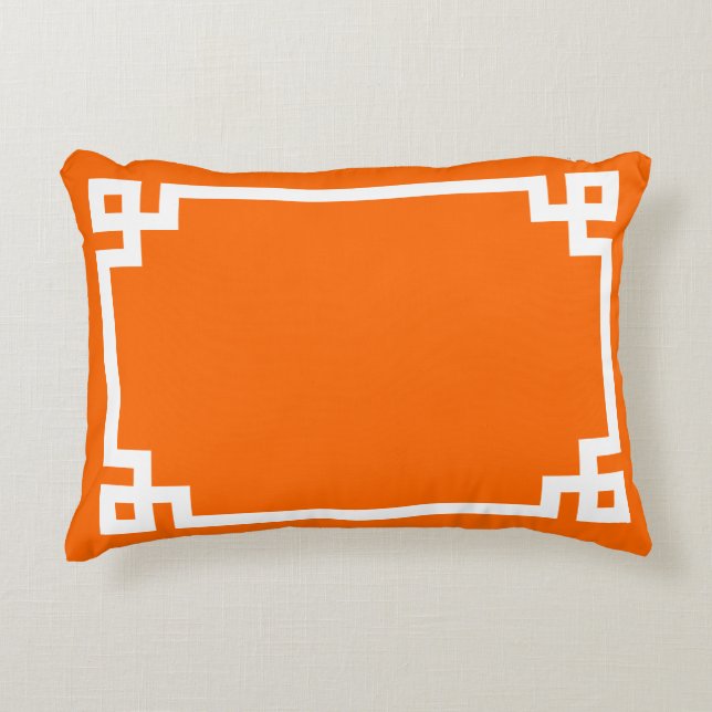 Bright Orange and White Greek Key Border Accent Pillow (Front)