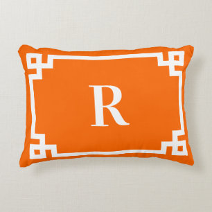 Bright Orange and White Greek Key Border Monogram Accent Pillow