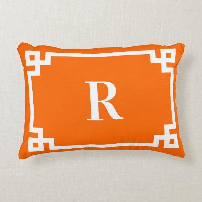 Bright Orange and White Greek Key Border Monogram Accent Pillow (Front)