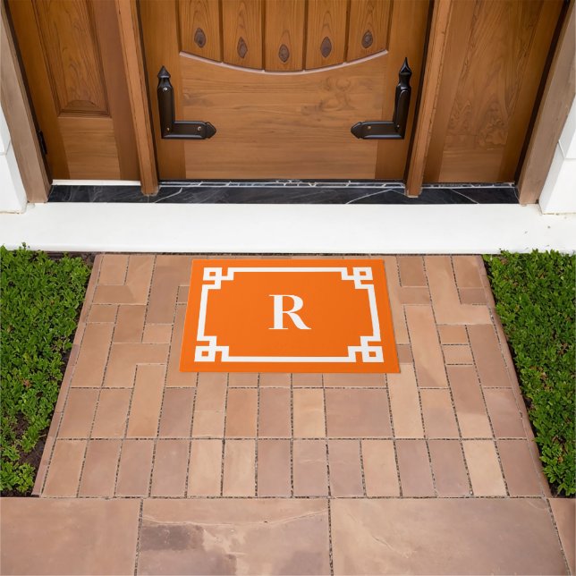 Bright Orange and White Greek Key Border Monogram Doormat (Outdoor)