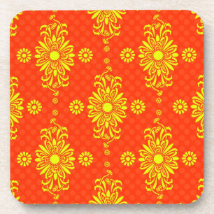 Bright Orange and Yellow Floral Pattern Coaster