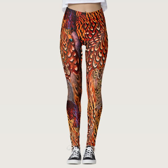 Bright Orange Boho Nature Feather Photorealistic Leggings (Front)