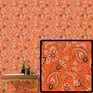 Bright Orange Brown Floral Paisley Elegant Wallpaper