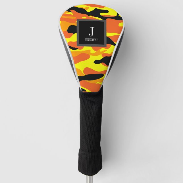 Bright Orange Camo Custom Name Golf Head Cover (Front)