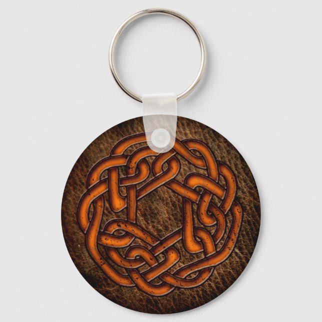 Bright orange celtic knot on leather keychain (Front)