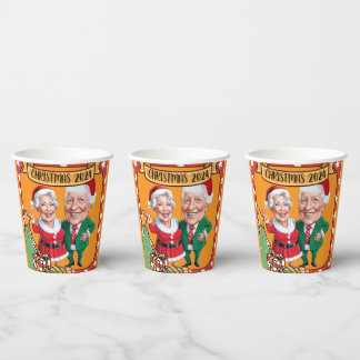 Bright Orange Christmas caricature couple Paper Cups