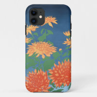 Bright Orange Chrysanthemums on Deep Blue