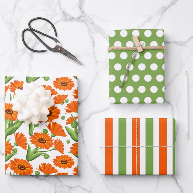 Bright Orange Daisies Wrapping Paper Set (Front)
