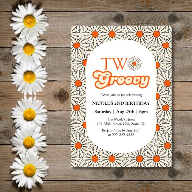 Bright Orange Daisy Floral Groovy 2nd Birthday Invitation (Creator Uploaded)
