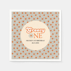 Bright Orange Daisy Groovy Arch 1st Birthday Napkin