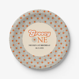 Bright Orange Daisy Groovy Arch 1st Birthday Paper Plate