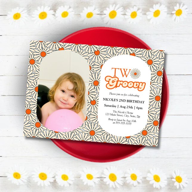 Bright Orange Daisy Photo Groovy 2nd Birthday Invitation (Creator Uploaded)