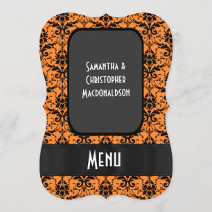 Bright orange damask formal wedding menu