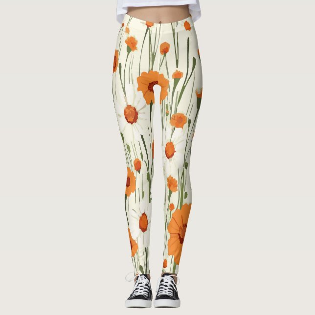 Bright Orange Floral Pattern Leggings (Front)