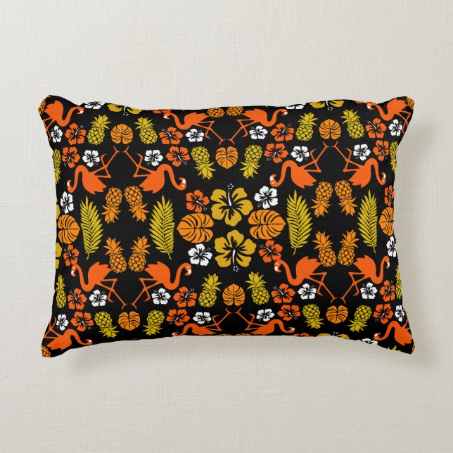 Bright Orange Floral Tropical Patterned Accent Pillow (Front)