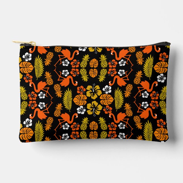 Bright Orange Floral Tropical Patterned Accessory Pouch (Front)