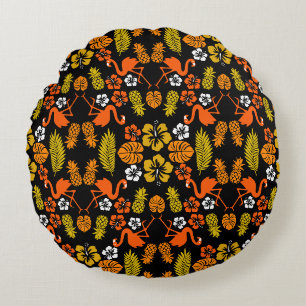 Bright Orange Floral Tropical Patterned Round Pillow