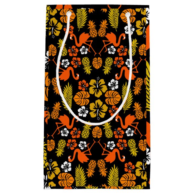 Bright Orange Floral Tropical Patterned Small Gift Bag (Front)