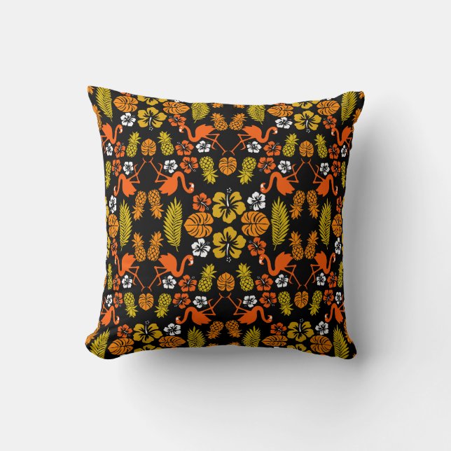 Bright Orange Floral Tropical Patterned Throw Pillow (Front)