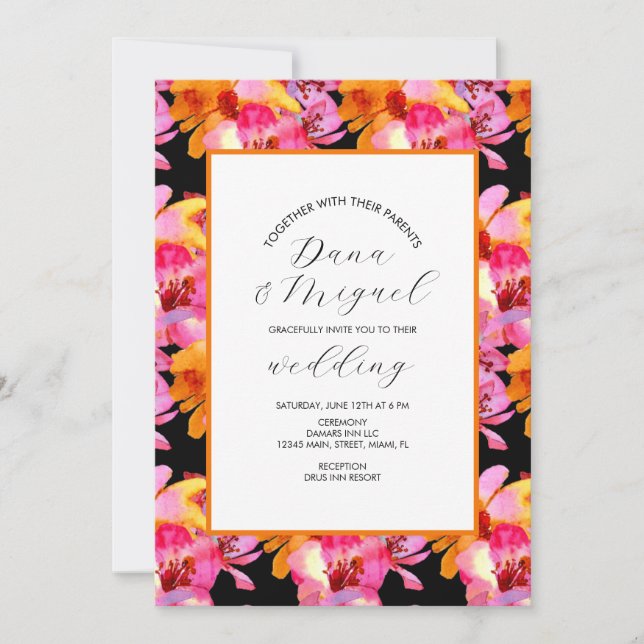 Bright Orange Floral Watercolor Wedding Invitation (Front)