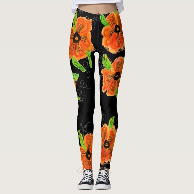 Bright Orange Flowered Leggings (Front)
