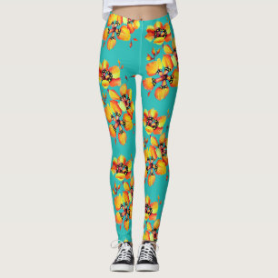 Bright Orange Flowers - Aqua Leggings