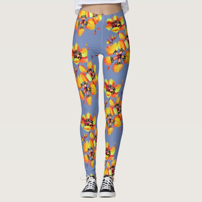 Bright Orange Flowers - Blue Grey Leggings (Front)