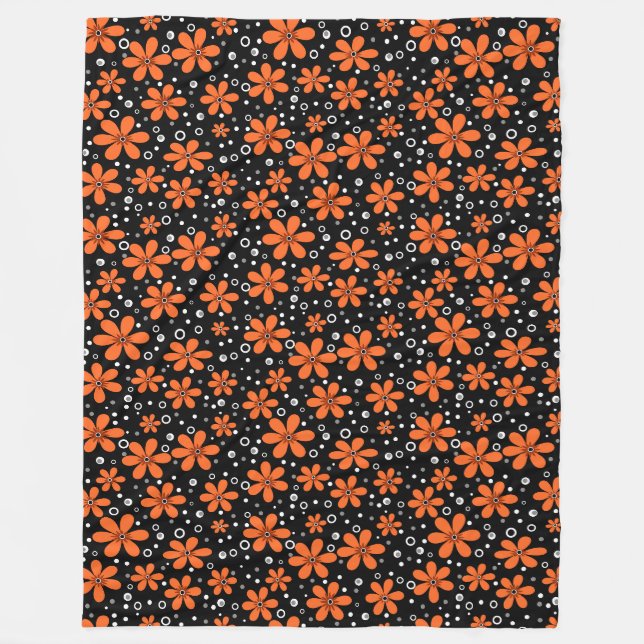 Bright orange flowers on a black background with w fleece blanket (Front)