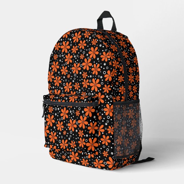 Bright orange flowers on a black background with w printed backpack (Back Corner Right)