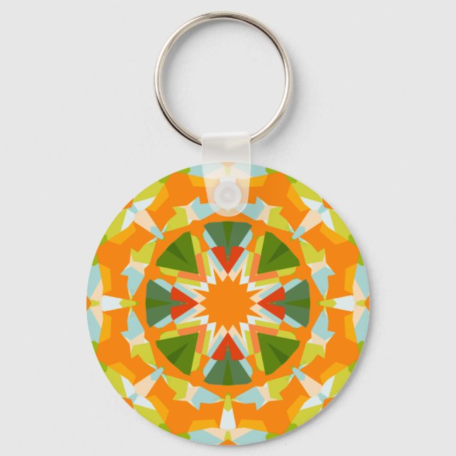 Bright Orange Fun Green Star Boho Kitsch Eclectic Keychain (Front)