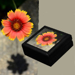 Bright Orange Gaillardia Sunflower Keepsake Gift Box<br><div class="desc">This wooden keepsake box features the colourful bright orange and yellow Gaillardia sunflower or Blanket flower. It is a beautiful floral close up of a sunny Gaillardia blossom that symbolizes happiness, joy and charm. Personalize this beautiful jewellery box with her Name. This image is original floral botanical photography by JLW_PHOTOGRAPHY...</div>